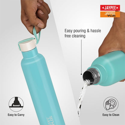 Jaypee Plus Tango ISI Certified Vacuum Insulated Thermosteel 900 ml Water Bottle 24 Hours Hot and Cold for School, Office, Home, Gym|Double Wall Anti Skid Leakproof Flask with Carrying Loop,Green
