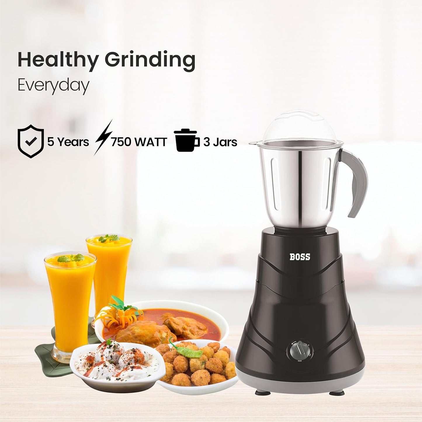 BOSS Alpha 750W Mixer Grinder 3 Stainless Steel Jars, Black