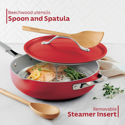 TRAMONTINA All-in-One Plus 30cm / 4.7L Pan with Aluminium Lid, Steamer, Beechwood Spoon & Spatula Red