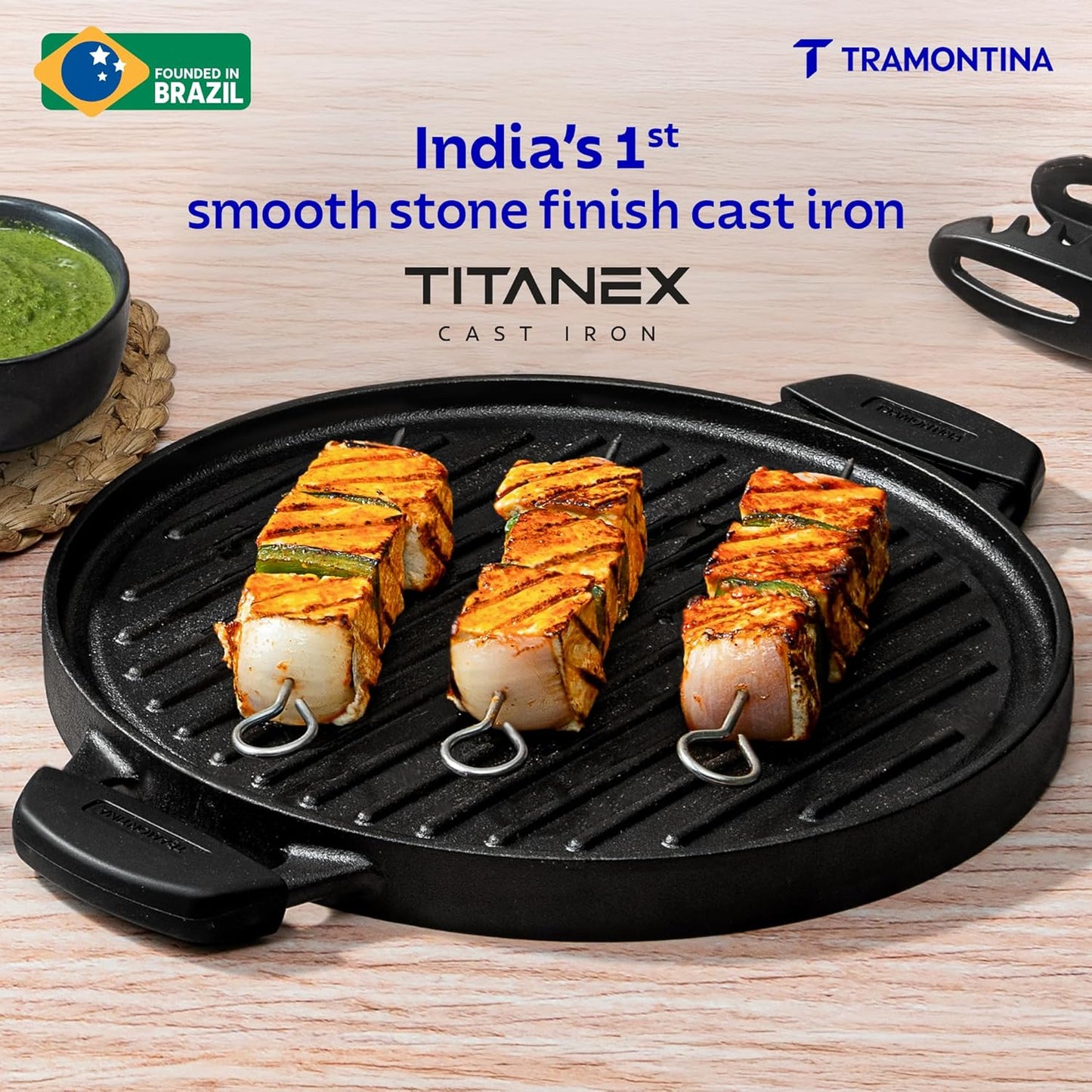TRAMONTINA TITANEX 30cm Reversible Cast Iron Grill Pan/Tawa Pre-Seasoned 2-in-1 Pan