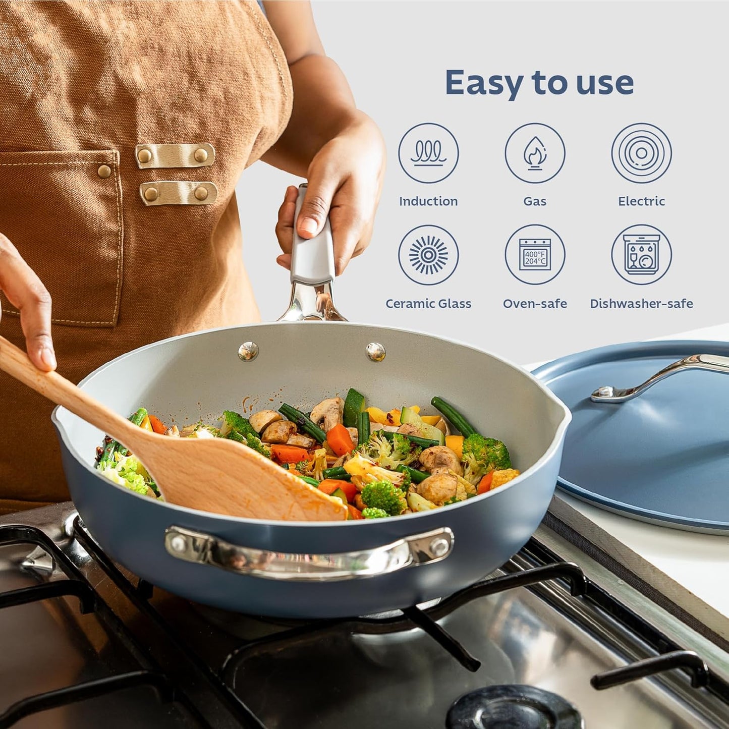 TRAMONTINA All-in-One Plus 30cm / 4.7L Pan with Aluminium Lid, Steamer, Beechwood Spoon & Spatula Blue