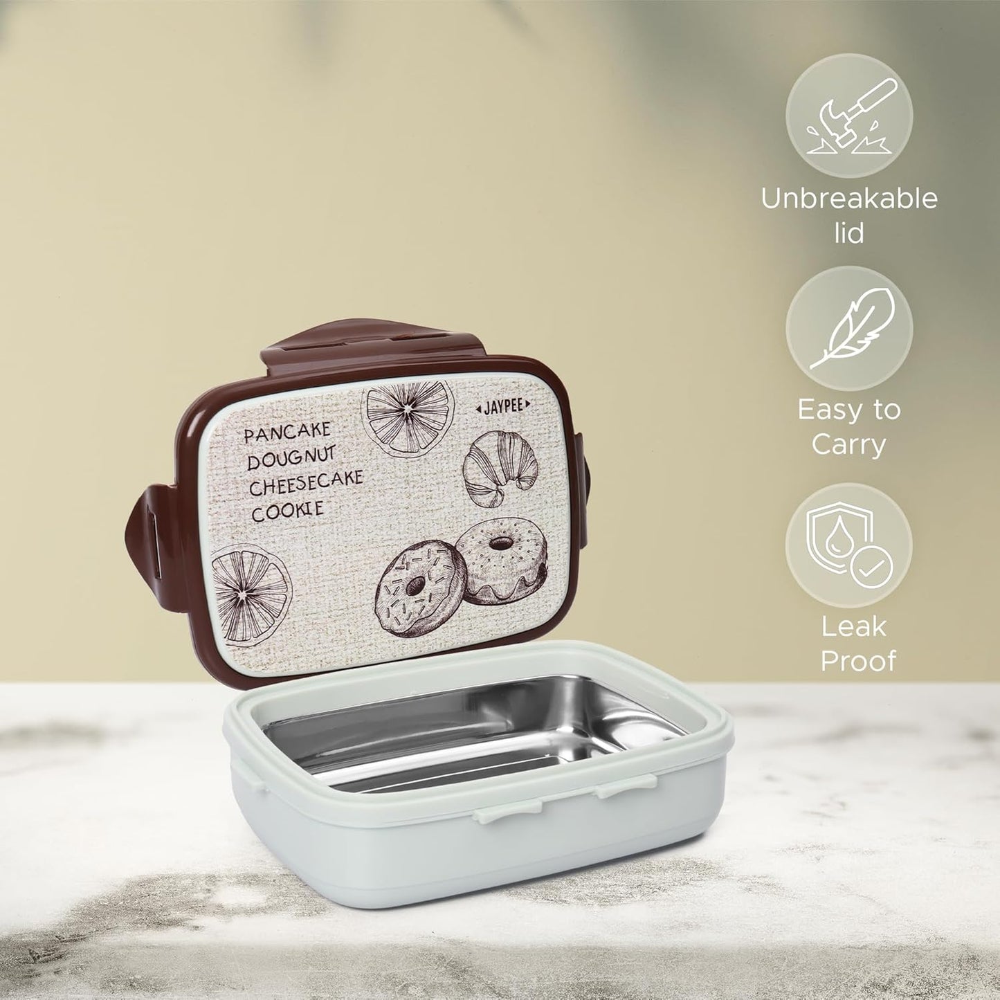 JAYPEE Ecosteel Jr Pista Brown 550 ml Inner Stainless Steel Insulated Lunch Box for School Snacks Box