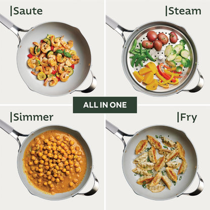 TRAMONTINA All-in-One Plus 30cm/4.7L Pan with Aluminium Lid, Steamer, Beechwood Spoon & Spatula Green