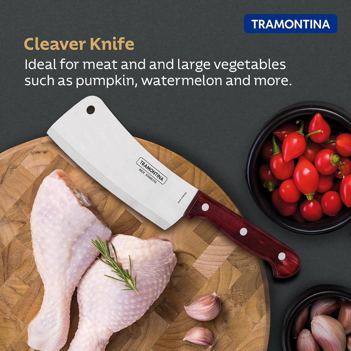 TRAMONTINA Polywood 15.2cm / 6" Cleaver Knife | Stainless Steel Blade | Big Kitchen Knife for Large Vegetables/Fish | Straight/Plain Edge | Treated Wooden Handle | 5 Year Warranty