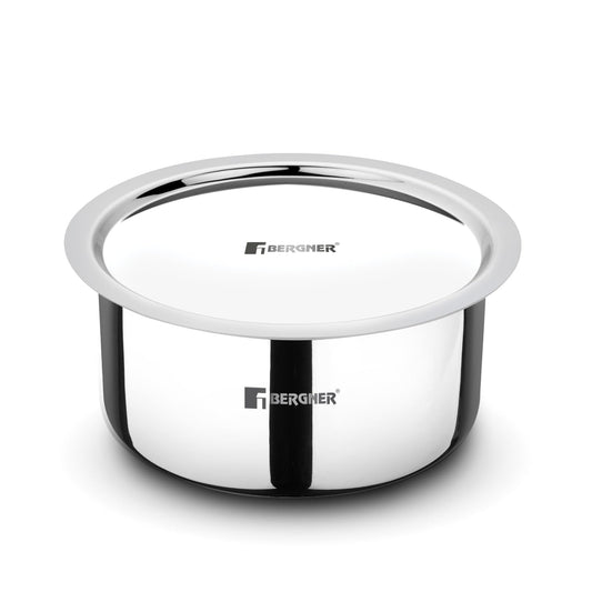 Bergner Argent 16cm (1.7L) Triply Tope with Stainless Steel Lid, Small Topia/Patila, Flared Lid, Consumes Less Oil, Healthy Cooking, Food Safe, Even Heat Distribution - Induction and Gas Stove Ready