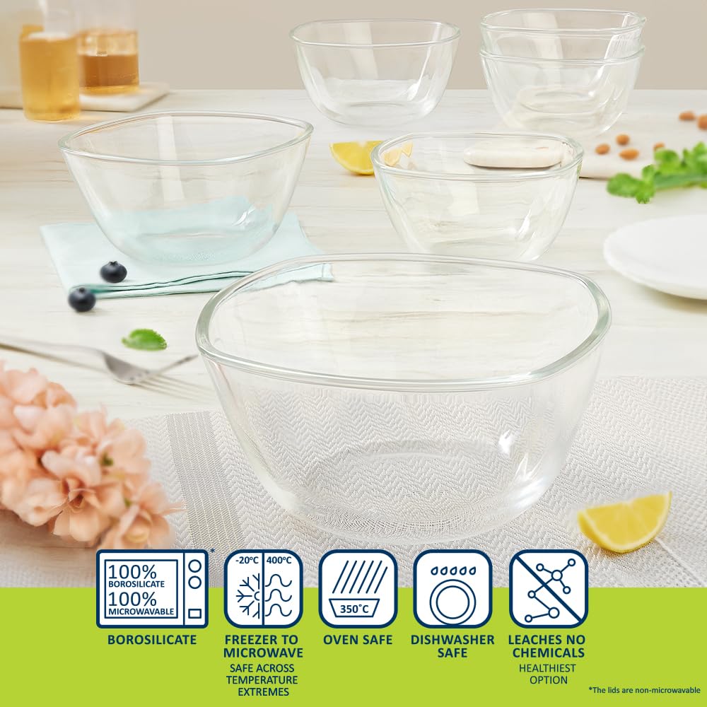 Borosil 1.6 L Square Shape Serving & Mixing Bowl | Borosilicate Glass Bowl for Kitchen & Dinning | Bowl for Mixing Dough, Salad, Batter | Microwave & Dishwasher Safe | Transparent