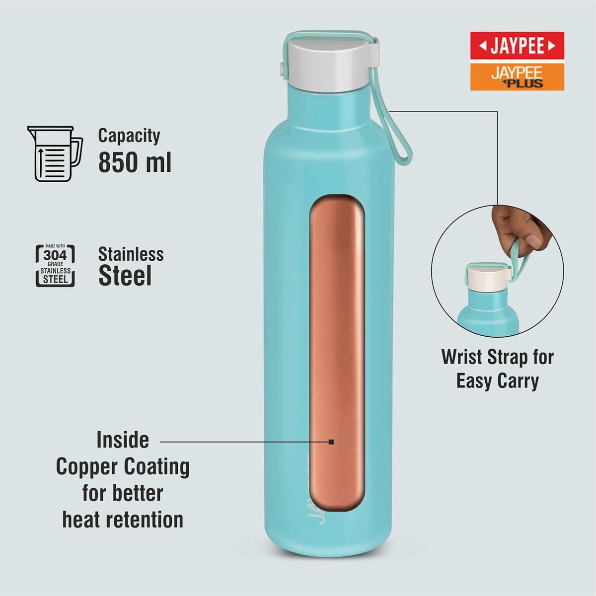 Jaypee Plus Tango ISI Certified Vacuum Insulated Thermosteel 900 ml Water Bottle 24 Hours Hot and Cold for School, Office, Home, Gym|Double Wall Anti Skid Leakproof Flask with Carrying Loop,Green