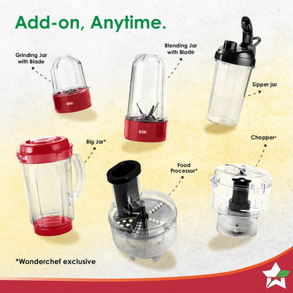 Wonderchef Nutri-blend 500W Mixer Grinder, 22000 RPM Motor, Smoothie Maker, Masala Grinder, Chutney Blender, 3 Unbreakable Jars, Recipe Book by Chef Sanjeev Kapoor, 2 Yr Warranty, Red