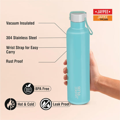 Jaypee Plus Tango ISI Certified Vacuum Insulated Thermosteel 900 ml Water Bottle 24 Hours Hot and Cold for School, Office, Home, Gym|Double Wall Anti Skid Leakproof Flask with Carrying Loop,Green