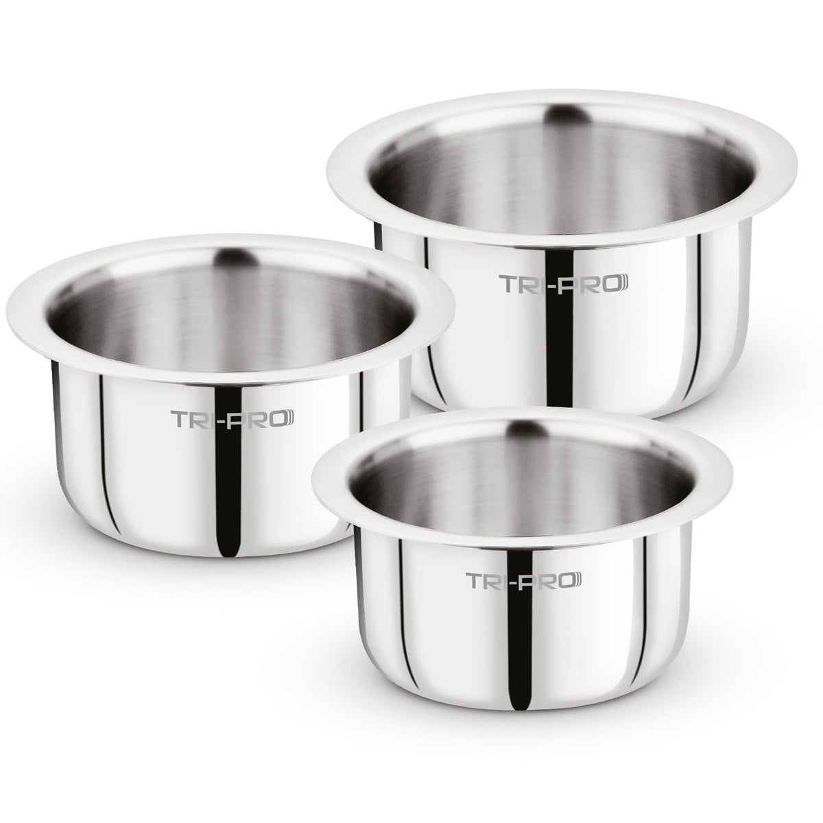 Bergner TriPro Triply Stainless Steel 3 Pcs Tope Set - 16cm (1.8L), 18cm (2.5L) and 20cm (3.5L), Even Heating, Flared Rim, Healthy Cooking, Topes for Cooking, Serving and Storing - Induction Bottom