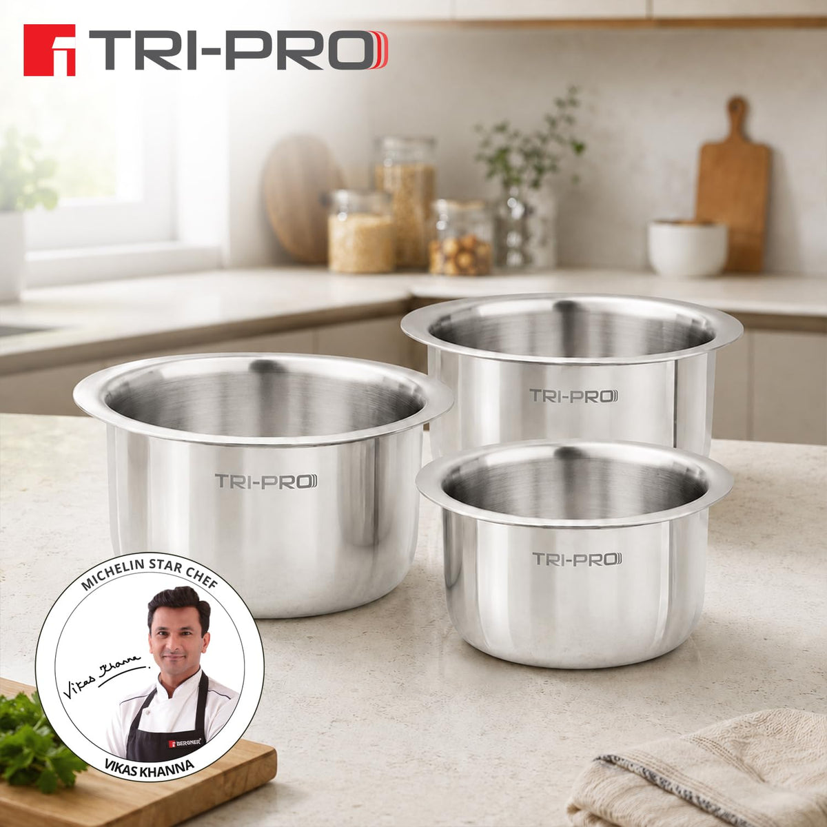 Bergner TriPro Triply Stainless Steel 3 Pcs Tope Set - 16cm (1.8L), 18cm (2.5L) and 20cm (3.5L), Even Heating, Flared Rim, Healthy Cooking, Topes for Cooking, Serving and Storing - Induction Bottom