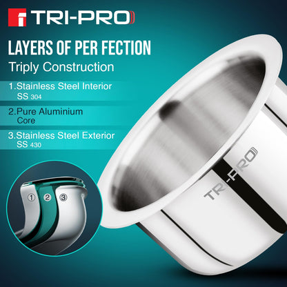 Bergner TriPro Triply Stainless Steel 3 Pcs Tope Set - 16cm (1.8L), 18cm (2.5L) and 20cm (3.5L), Even Heating, Flared Rim, Healthy Cooking, Topes for Cooking, Serving and Storing - Induction Bottom