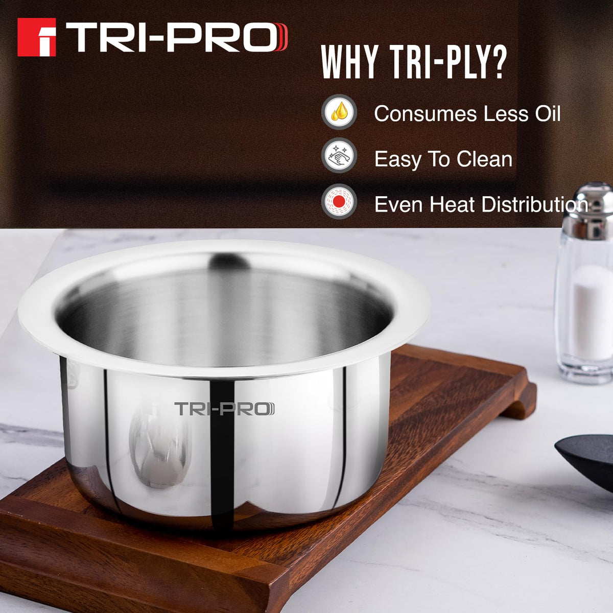 Bergner TriPro Triply Stainless Steel 3 Pcs Tope Set - 16cm (1.8L), 18cm (2.5L) and 20cm (3.5L), Even Heating, Flared Rim, Healthy Cooking, Topes for Cooking, Serving and Storing - Induction Bottom