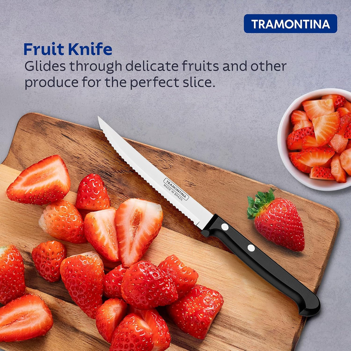 TRAMONTINA Ultracorte 12cm / 4.7" Fruit Knife | Stainless Steel Blade Kitchen Knife for Fruits | Wavy/Serrated Edge | Antimicrobial Polypropylene Handle | Made in Brazil | 5 Year Warranty