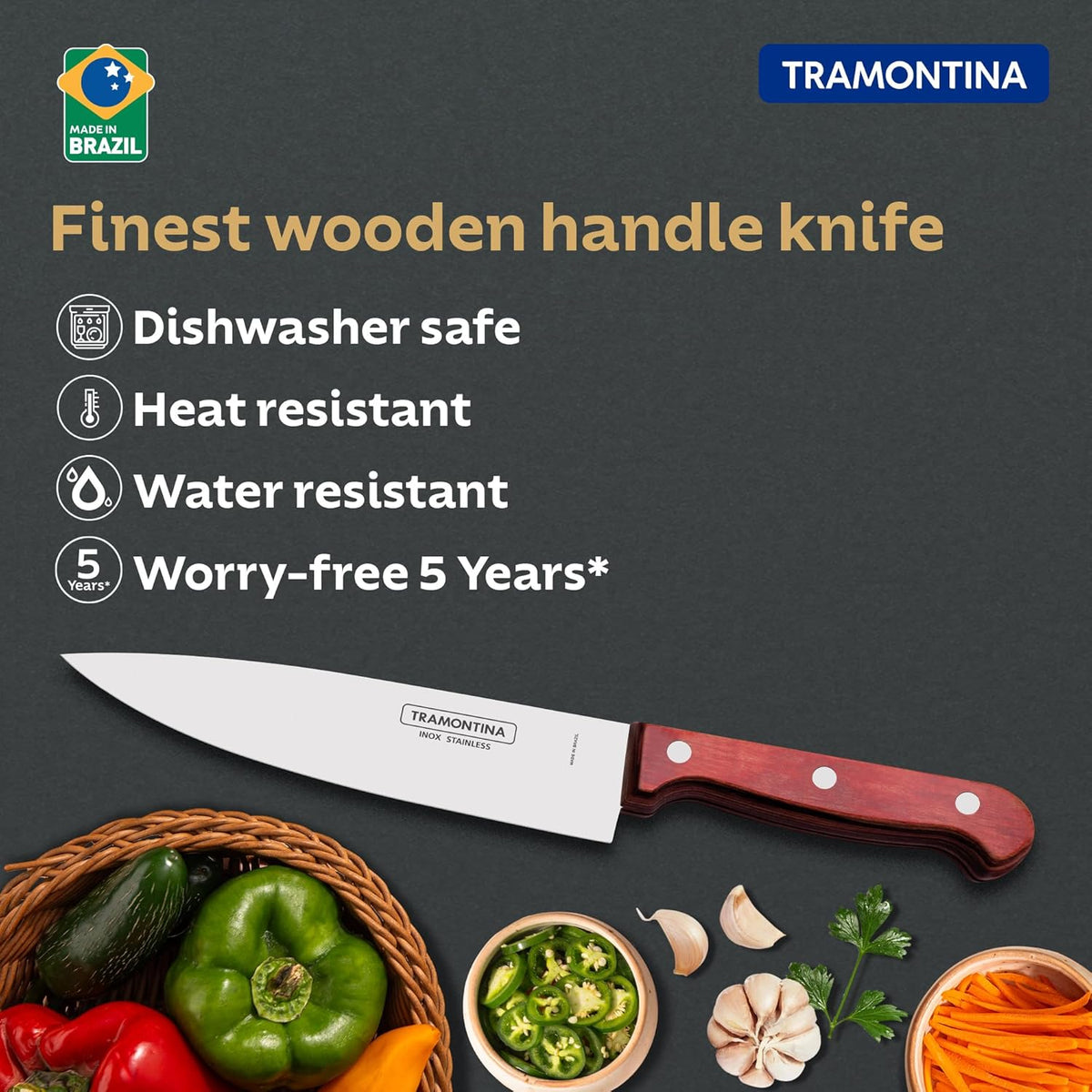 TRAMONTINA Polywood 15.2cm /6" Chef Knife | Stainless Steel Blade Professional Kitchen Knife | Chopping Knife | Plain/Straight Edge | Treated Wooden Handle | Impact Resistant | 5 Yr Warranty