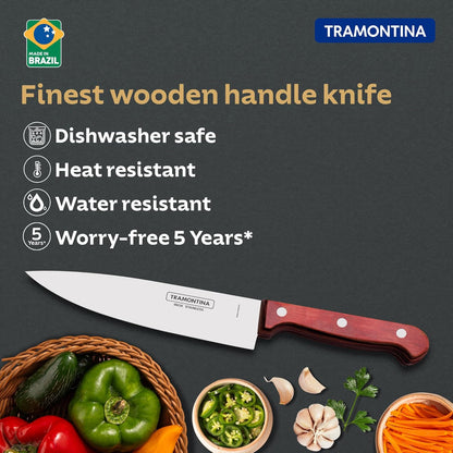TRAMONTINA Polywood 15.2cm /6" Chef Knife | Stainless Steel Blade Professional Kitchen Knife | Chopping Knife | Plain/Straight Edge | Treated Wooden Handle | Impact Resistant | 5 Yr Warranty
