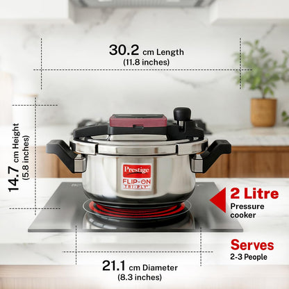 Prestige 2 Litre Flip On Triply Stainless Steel Pressure Cooker with Glass Lid|Deep lid for spillage control|Innovative Lock Lid with single hand operation|Gas & Induction Compatible|5 Years warranty