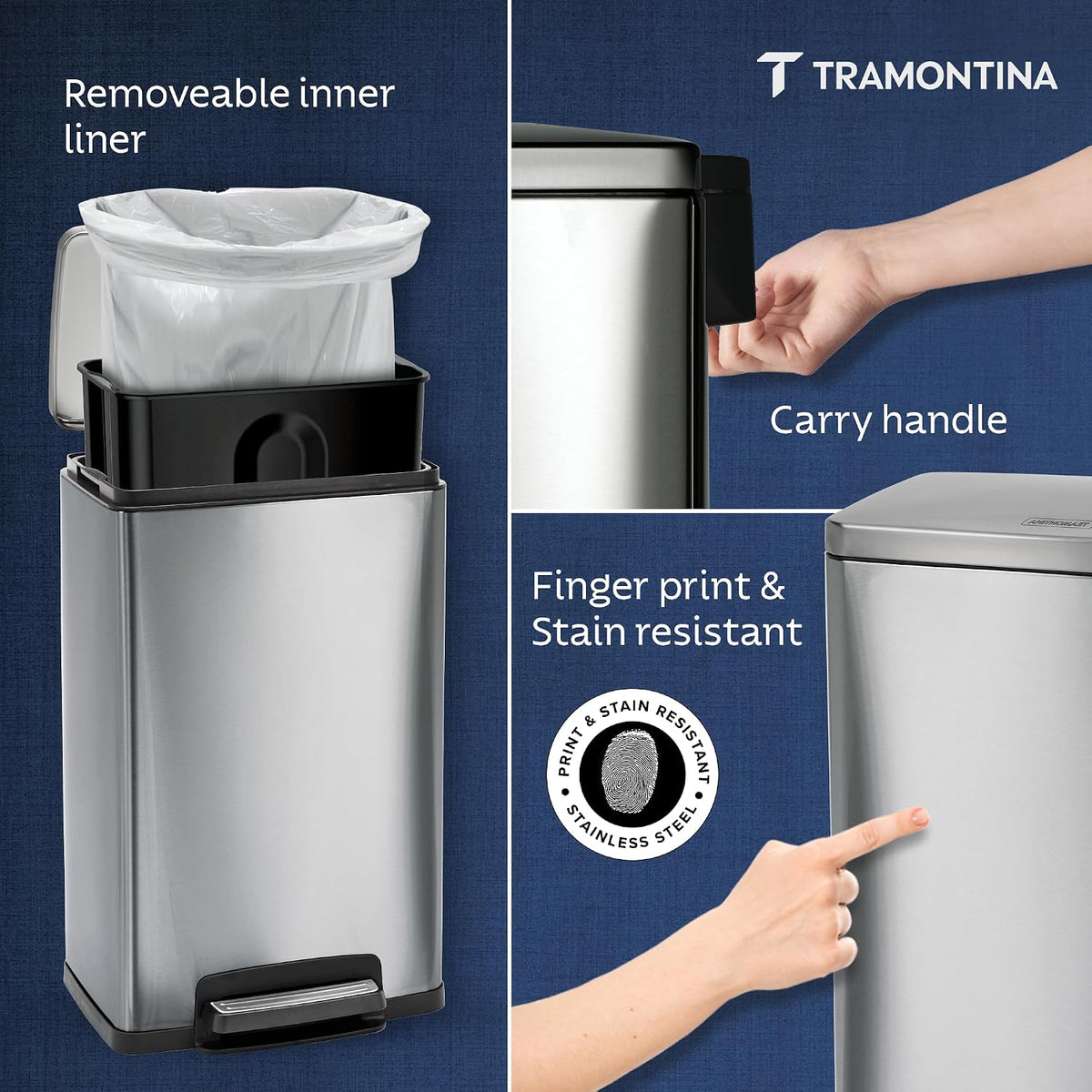 TRAMONTINA 49 Litre Stainless Steel Step Dustbin | Fingerprint-Resistant Finish | Soft-Close Lid | Removable Inner Bucket | Large Trash Can for Office & Hospitality