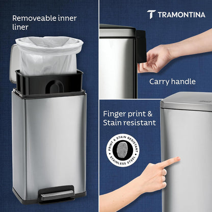 TRAMONTINA 49 Litre Stainless Steel Step Dustbin | Fingerprint-Resistant Finish | Soft-Close Lid | Removable Inner Bucket | Large Trash Can for Office & Hospitality
