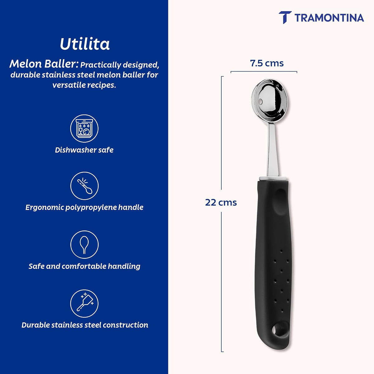 Tramontina Utilità Melon Baller 2.9 cm – Stainless Steel Fruit Scoop for Melons, Watermelon & Desserts, Comfortable Black Handle, Dishwasher Safe