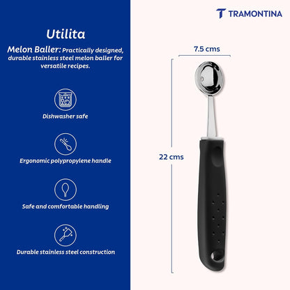 Tramontina Utilità Melon Baller 2.9 cm – Stainless Steel Fruit Scoop for Melons, Watermelon & Desserts, Comfortable Black Handle, Dishwasher Safe