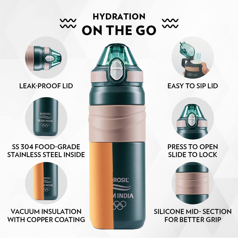 Borosil Hydra Adventure 560 ml Stainless Steel Kids Water Bottle | Double Wall Vacuum Insulated Thermo Flask | 8 hrs Hot & Cold | Leakproof, Sipper | Bottle for Gym, Office, School, Green