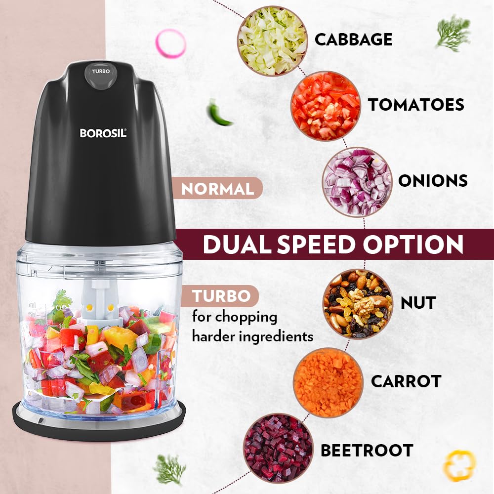 Borosil Chef Delite 260 Watts Electric Chopper for Kitchen, Twin Blade Technology, 500 ml 'chop-n-store' plastic bowl with lid, Vegetable Chopper, Cutter, Chop, Mince, Dice, Whisk, Blend, Black