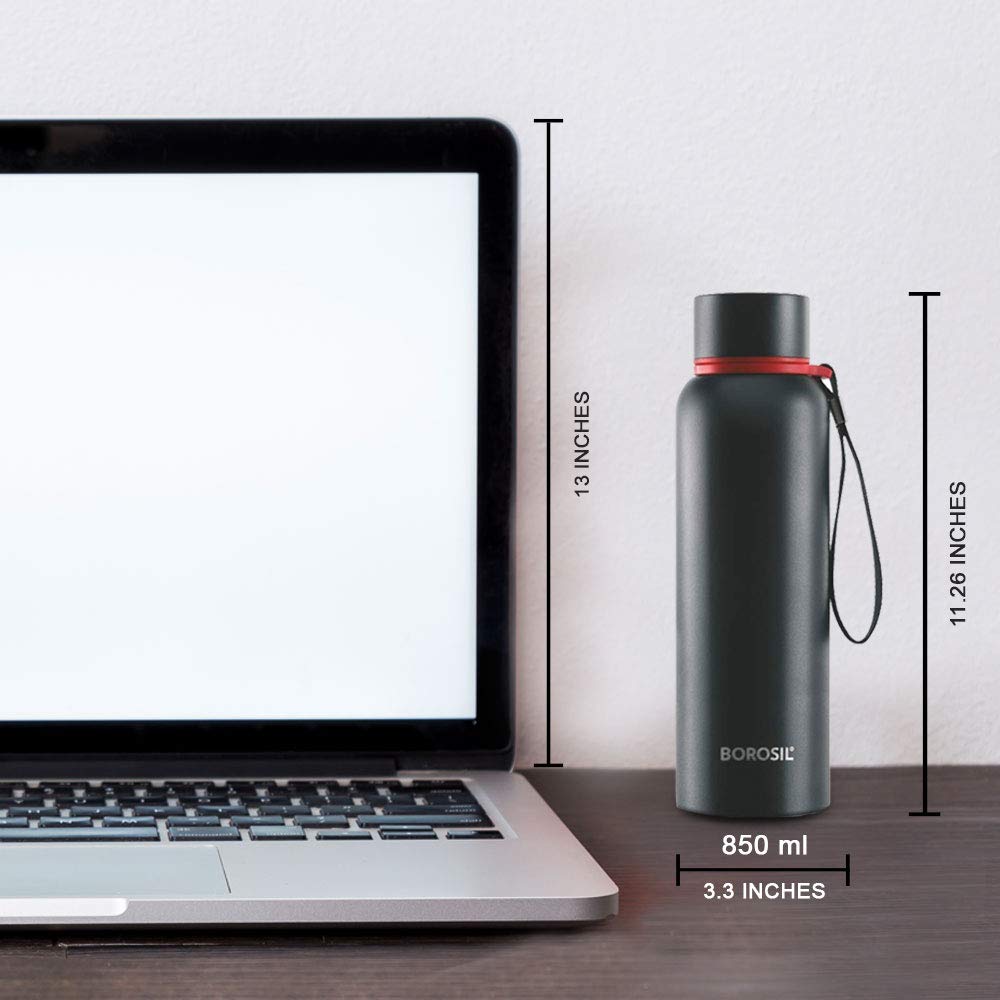 Borosil 850 ml Trek Stainless Steel Water Bottle, 20 Hrs Hot & 24 Hrs Cold