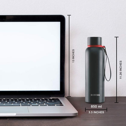 Borosil 850 ml Trek Stainless Steel Water Bottle, 20 Hrs Hot & 24 Hrs Cold
