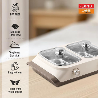 Jaypee Twin Power 2 Removable Container Electric Serving Casserole 1100 ml Each Stainless Steel Chafing Dish Food Buffet Server 2 in 1 Hot Pot Electric Bowl for Reheating Food, S Ivory