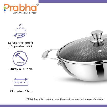 Prabha Hexa Triply Kadai with Glass Lid 4.3 litres 28cm | Cookware Kadai Set with Matt | Induction Base Kadhai for Cooking/Deep Frying | Non-Stick Kadhai Steel | 2 Year Warranty | BIS Certified