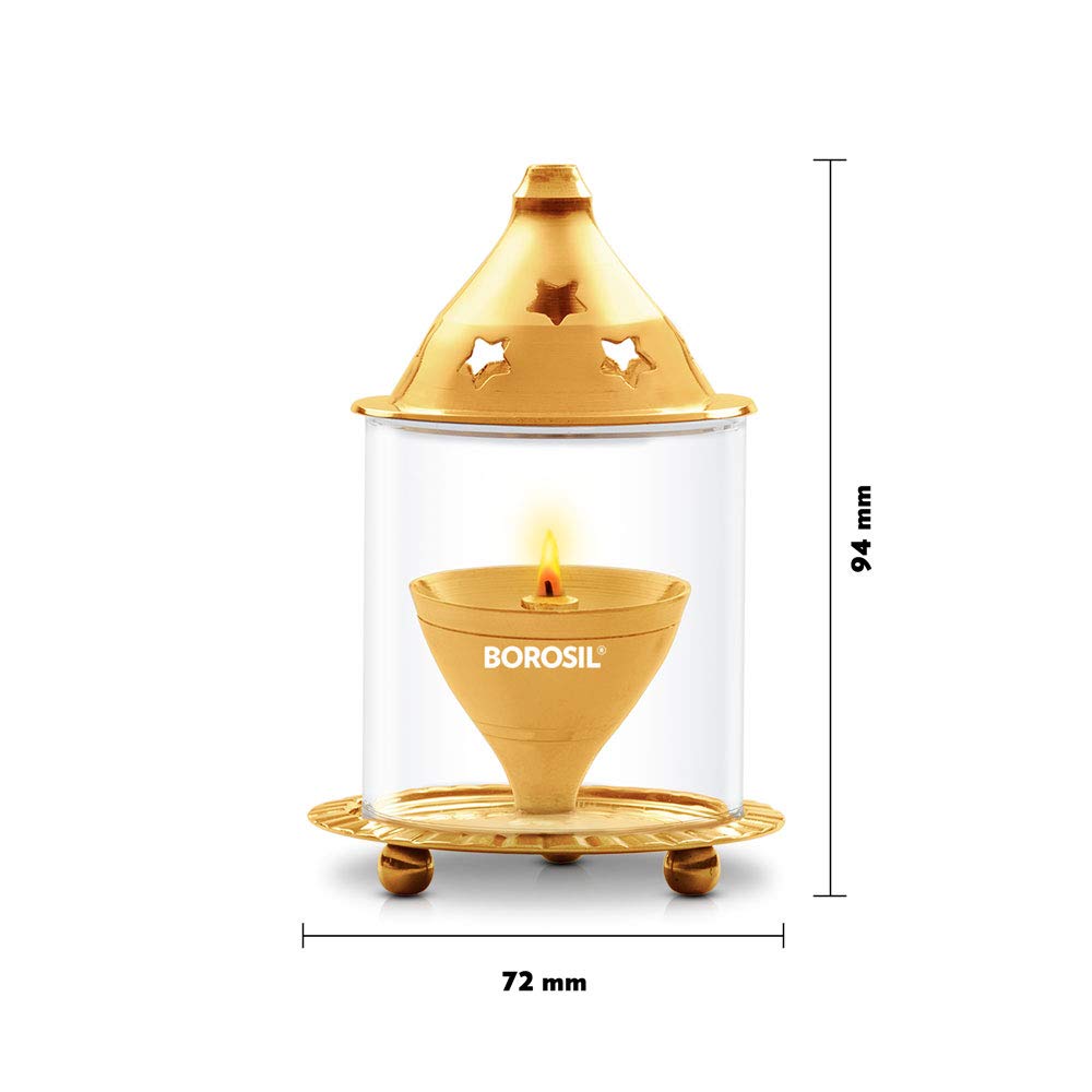 Borosil Small Size Akhand Diya Decorative Brass Oil Lamp | Tea Light Holder | Diya with Borosilicate Glass | Puja Dia for Mandir | Lantern Diya with Cover