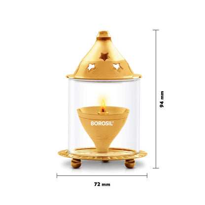 Borosil Small Size Akhand Diya Decorative Brass Oil Lamp | Tea Light Holder | Diya with Borosilicate Glass | Puja Dia for Mandir | Lantern Diya with Cover