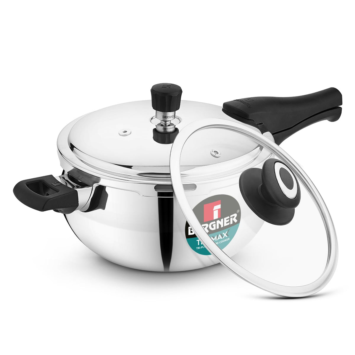 Bergner Trimax ORB Triply Stainless Steel 2 Liters Belly Shape Outer Lid Pressure Cooker with Extra Glass Lid, Less Oil Use, Healthy Cooking, Ergonomic Handle, Faster Heating - Induction Bottom