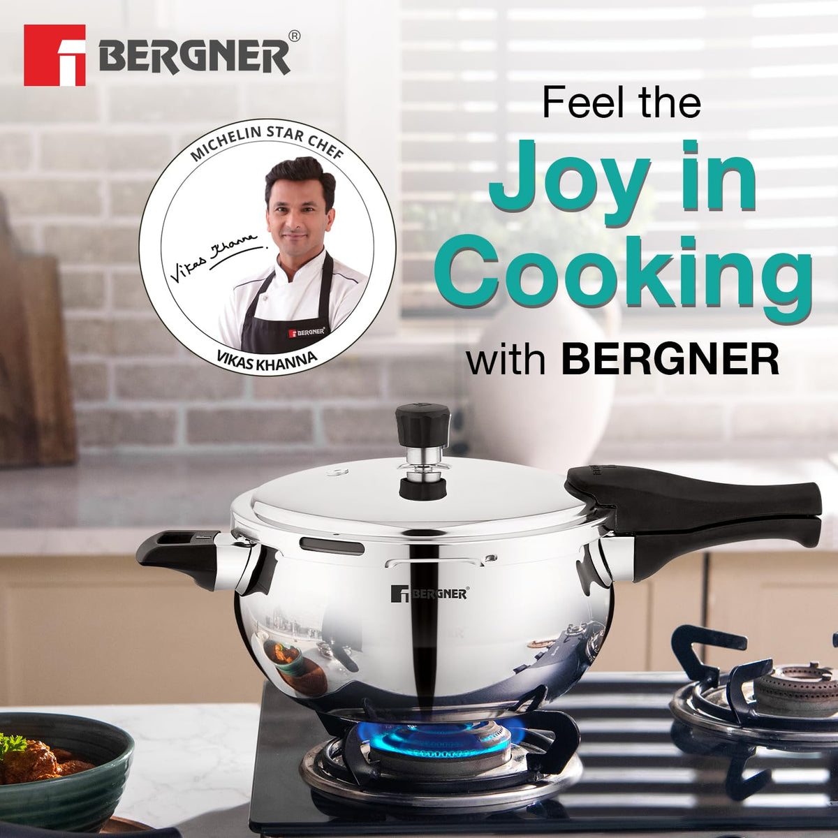 Bergner Trimax ORB Triply Stainless Steel 2 Liters Belly Shape Outer Lid Pressure Cooker with Extra Glass Lid, Less Oil Use, Healthy Cooking, Ergonomic Handle, Faster Heating - Induction Bottom