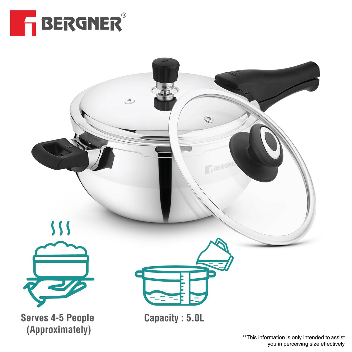 Bergner Trimax ORB Triply Stainless Steel 5 Liters Belly Shape Outer Lid Pressure Cooker with Extra Glass Lid, Less Oil Use, Healthy Cooking, Ergonomic Handle, Faster Heating - Induction Bottom