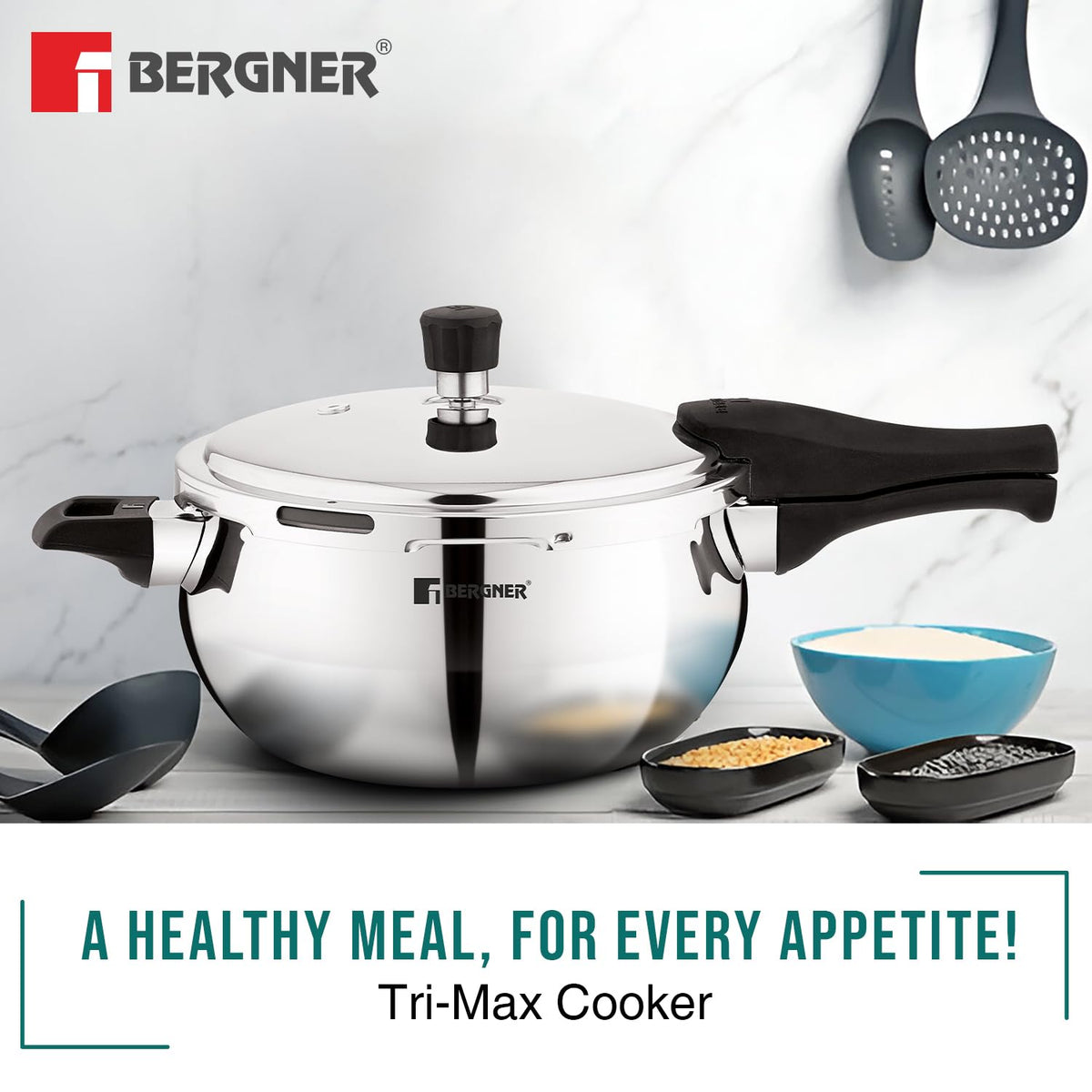 Bergner Trimax ORB Triply Stainless Steel 2 Liters Belly Shape Outer Lid Pressure Cooker with Extra Glass Lid, Less Oil Use, Healthy Cooking, Ergonomic Handle, Faster Heating - Induction Bottom