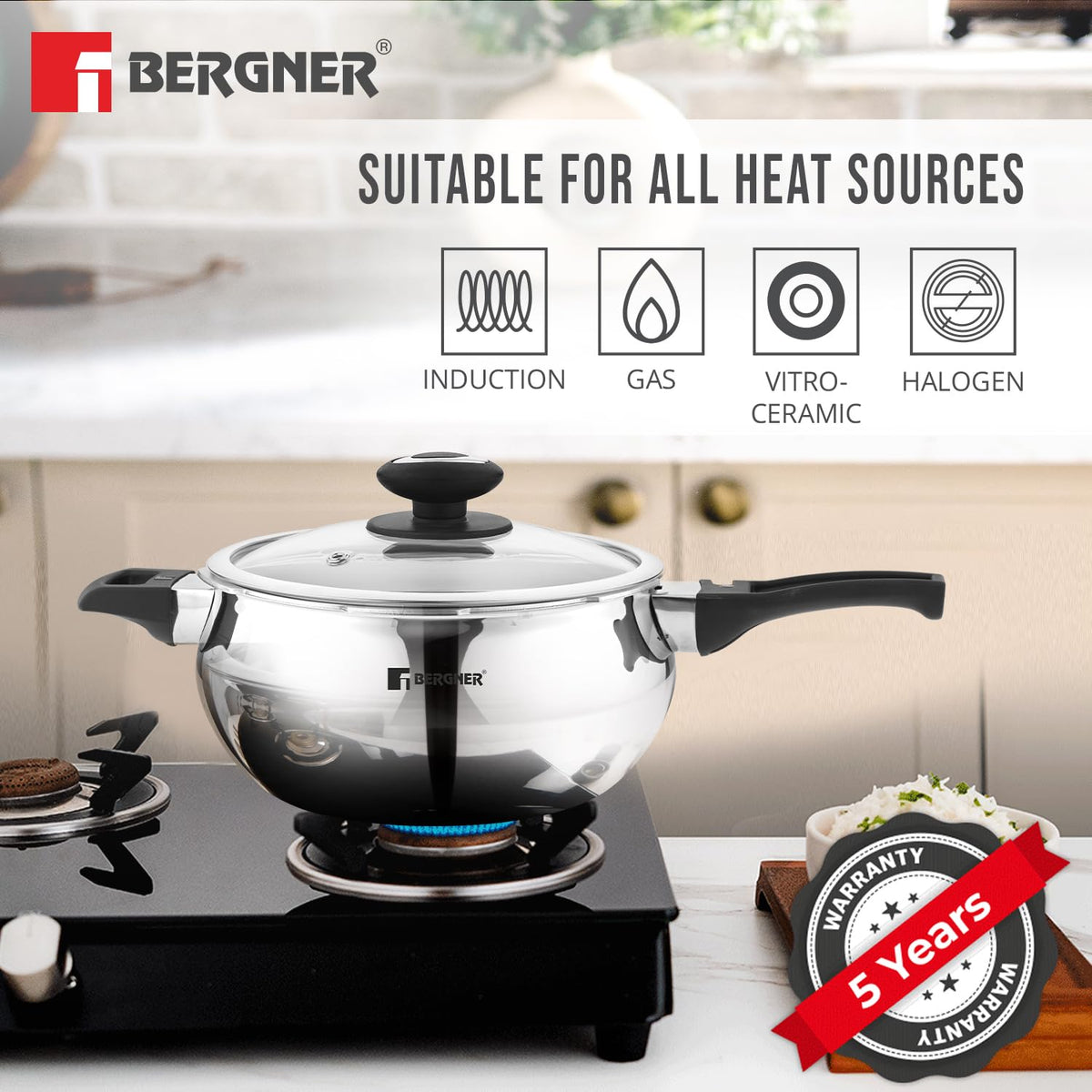 Bergner Trimax ORB Triply Stainless Steel 2 Liters Belly Shape Outer Lid Pressure Cooker with Extra Glass Lid, Less Oil Use, Healthy Cooking, Ergonomic Handle, Faster Heating - Induction Bottom