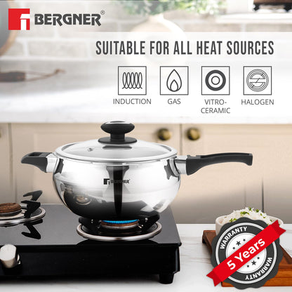 Bergner Trimax ORB Triply Stainless Steel 2 Liters Belly Shape Outer Lid Pressure Cooker with Extra Glass Lid, Less Oil Use, Healthy Cooking, Ergonomic Handle, Faster Heating - Induction Bottom