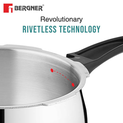 Bergner Trimax ORB Triply Stainless Steel 2 Liters Belly Shape Outer Lid Pressure Cooker with Extra Glass Lid, Less Oil Use, Healthy Cooking, Ergonomic Handle, Faster Heating - Induction Bottom