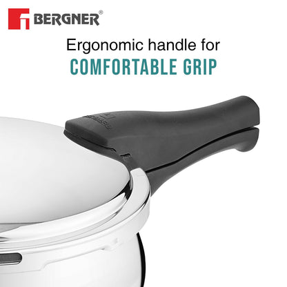 Bergner Trimax ORB Triply Stainless Steel 2 Liters Belly Shape Outer Lid Pressure Cooker with Extra Glass Lid, Less Oil Use, Healthy Cooking, Ergonomic Handle, Faster Heating - Induction Bottom