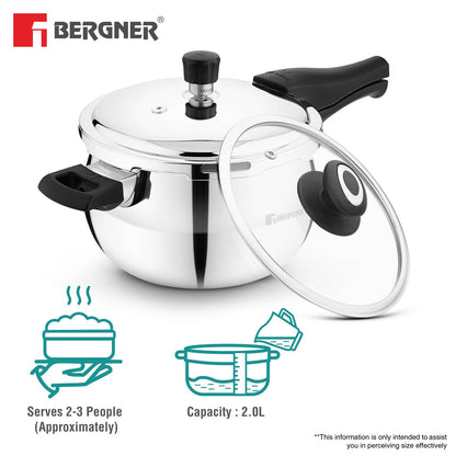 Bergner Trimax ORB Triply Stainless Steel 2 Liters Belly Shape Outer Lid Pressure Cooker with Extra Glass Lid, Less Oil Use, Healthy Cooking, Ergonomic Handle, Faster Heating - Induction Bottom