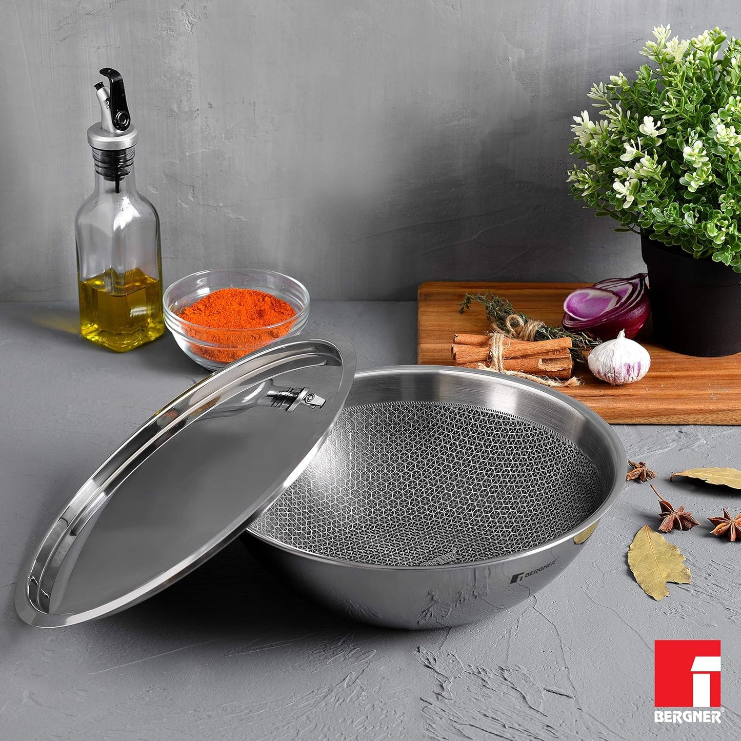 BERGNER Hitech Triply Stainless Steel Scratch Resistant Non Stick Tasra/Tasla With Stainless Steel Lid, 20 cm, 1.5 Litres,