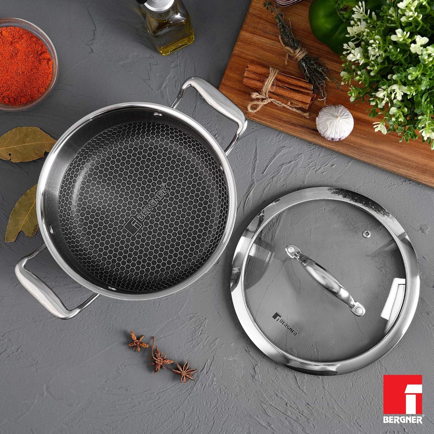 BERGNER Hitech Triply Stainless Steel Scratch Resistant Non Stick Serving Pan With Glass Lid, 28 cm, 5.7 Litres