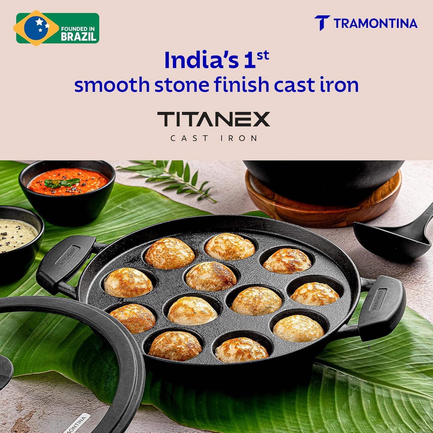 TRAMONTINA Titanex 26 cm Pre-Seasoned Cast Iron Paniyaram | Appe Pan – 12 Pits