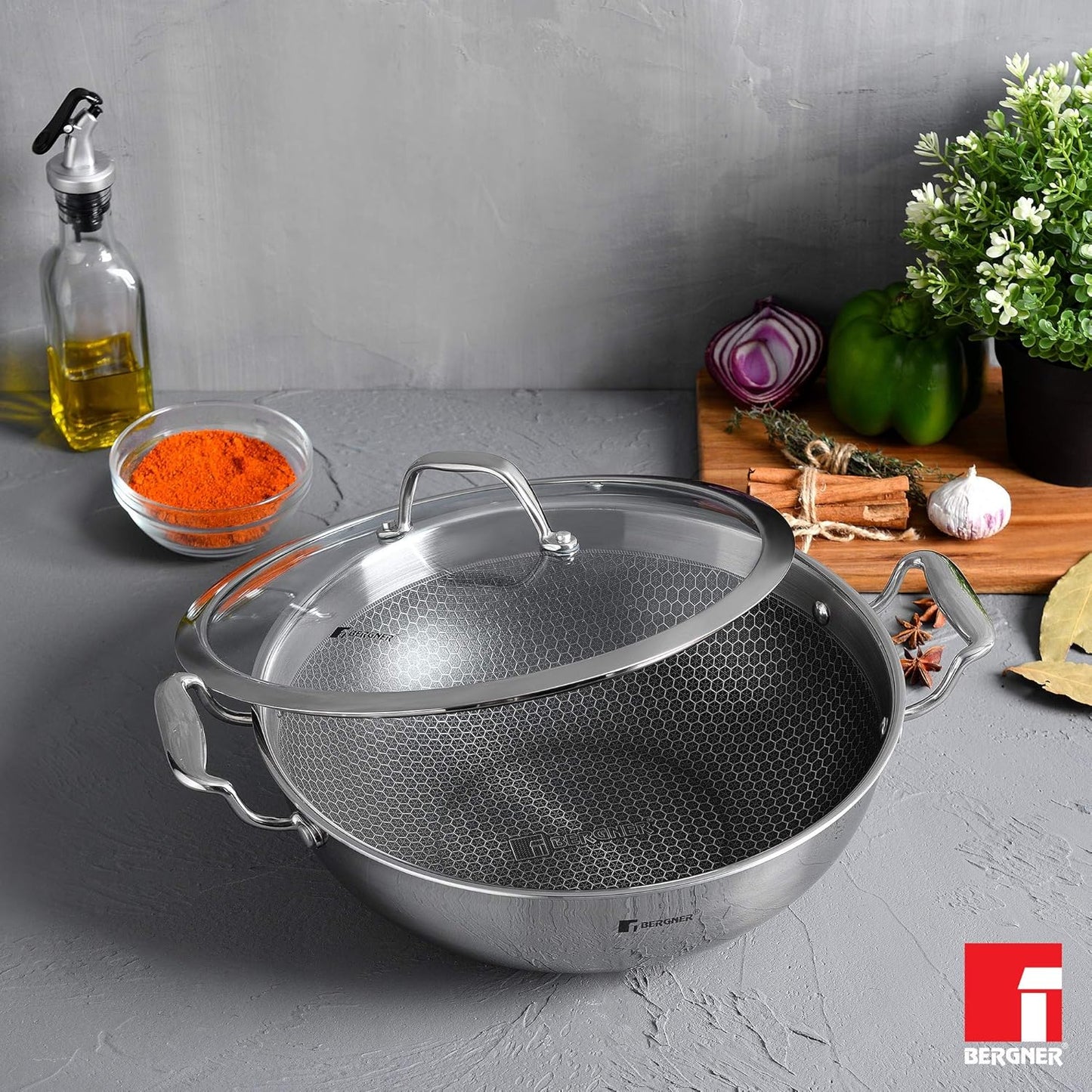 Bergner Hi-Tech TriPly Stainless Steel 24cm (2.5L) Kadai with Glass Lid, Honeycomb Non-Stick Coating