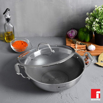 Bergner Hi-Tech TriPly Stainless Steel 24cm (2.5L) Kadai with Glass Lid, Honeycomb Non-Stick Coating