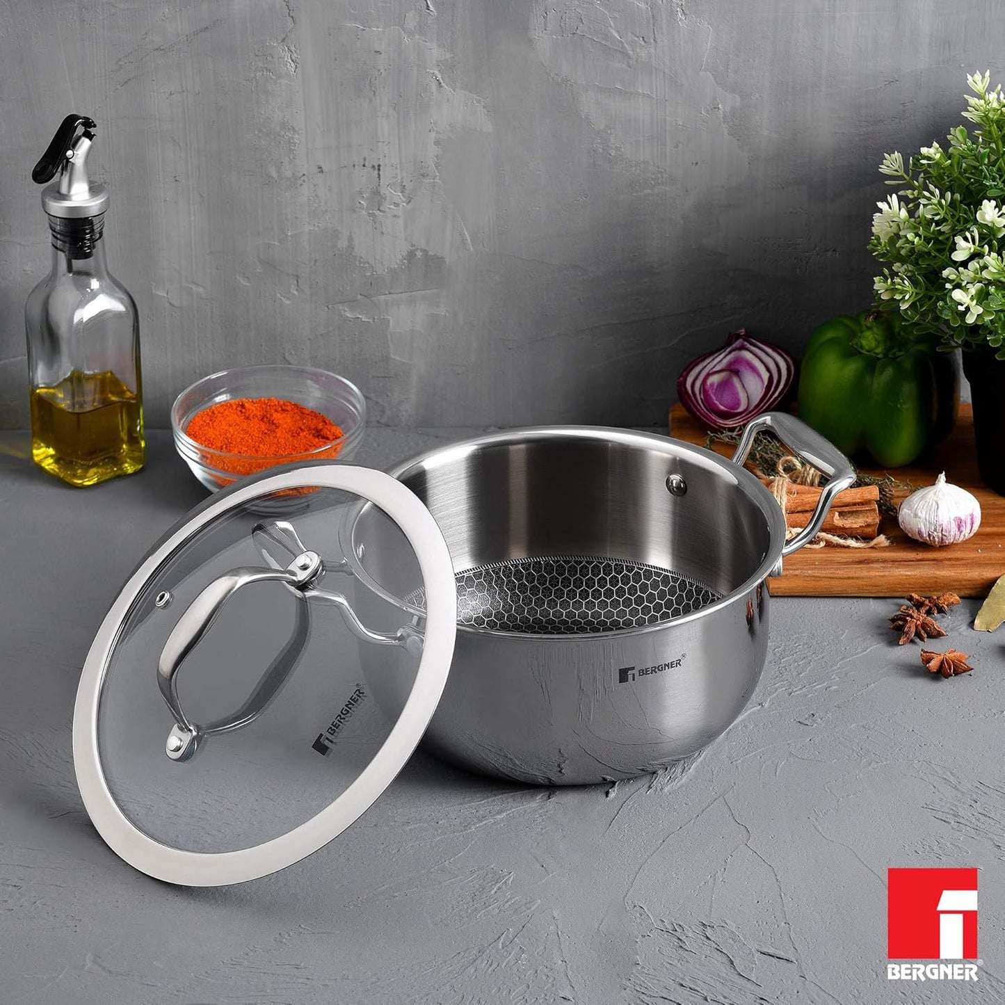BERGNER Hitech Triply Stainless Steel Scratch Resistant Non Stick Serving Pan With Glass Lid, 28 cm, 5.7 Litres
