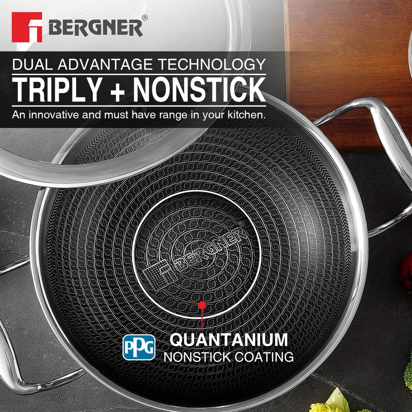 BERGNER Hitech Triply Non-Stick 32 Cm(5.8 L) Kadai with Flat Glass Lid