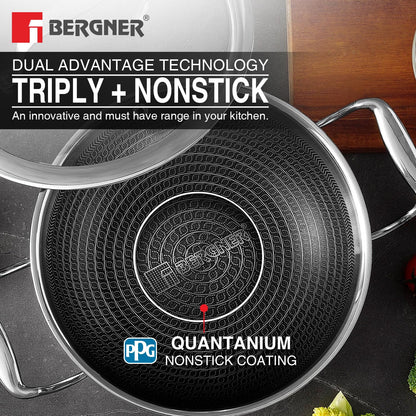 BERGNER Hitech Triply Non-Stick 32 Cm(5.8 L) Kadai with Flat Glass Lid